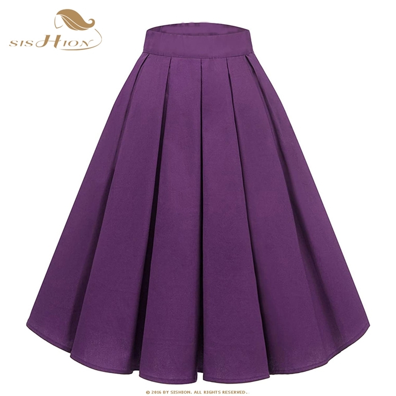 Purple Retro Floral Print Vintage Pleated Skirts Womens 2021 High Waist Plus Size Midi Skirt Cotton Summer Swing Skirt SS0012 210309