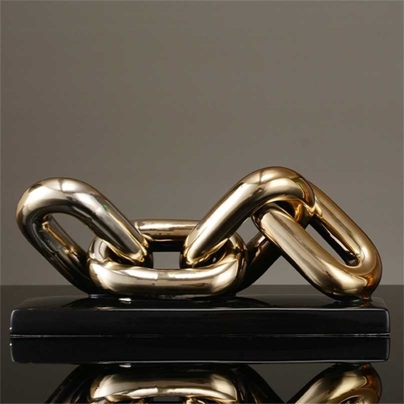 Nordic golden chain sculpture decorations office study desktop ceramic crafts Figurines Ring Chain Porcelain Home decor ornament 211108