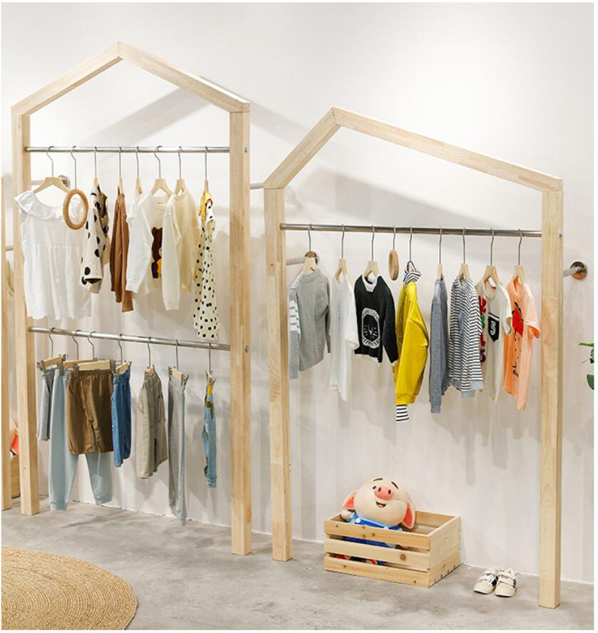 Children's clothing store creative roof display racks Commercial Furniture stainless steel solid wood wall side hanging combination rack double-l