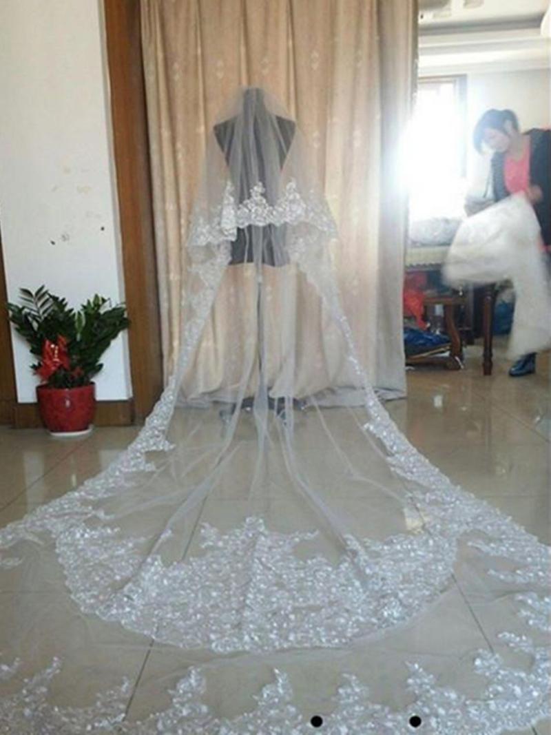 Bridal Veils Real Image Wedding Long Lace Applique Crystals Two Layers Cathedral Length Blusher Veil