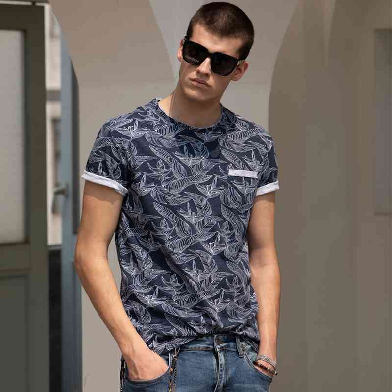AIOPESON Leaf Printed T Shirt Men Pocket Casual High Quality 100% Cotton Clothing Summer Hawaii Style s 210707