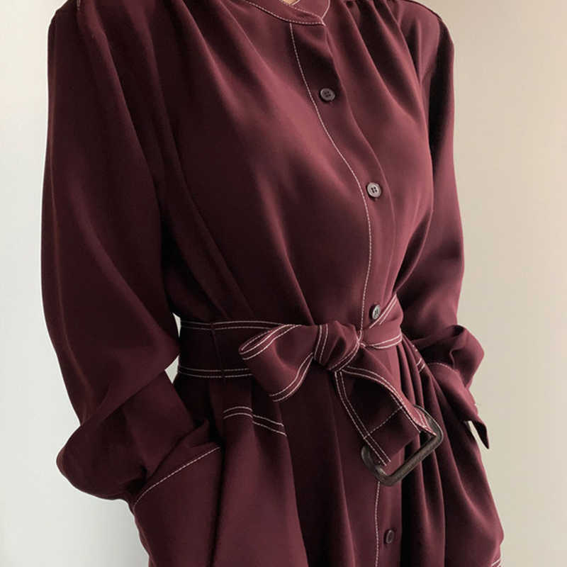 LY VAREY LIN Spring Women Single Breasted Long Sleeve Dress Elegant Office Ladies Stand Collar Solid with Belt 210526