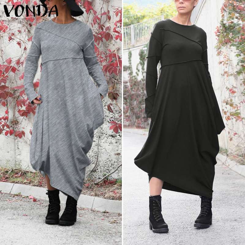 Asymmetrical Maxi Dress Women's Sundress Autumn Winter VONDA Pleated Long Sleeve Vestidos Female Robe Femme Oversized S-5XL 201008