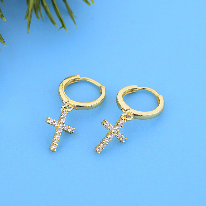 Authentic 925 Sterling Silver Gold Color Cross Dangle Hoop Earrings Women Girls Fashion Zircon Crystal Jewelry Gift Bijoux