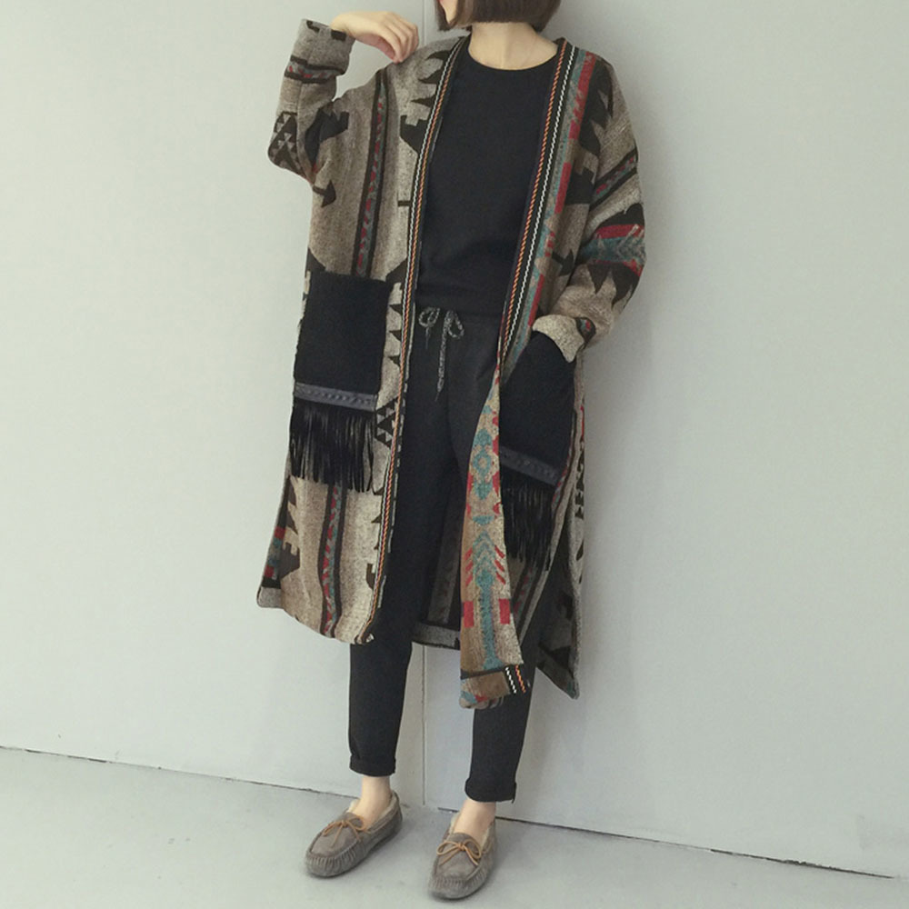 Winter Warmness Long Wool Coat Women Korean Elegant Ladies Boho Tassel Blends Knitted Sweater Cardigan Overcoat Autumn Outwear 210218