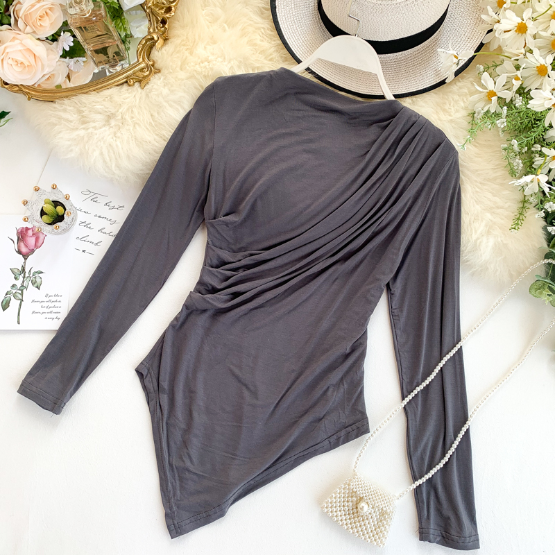 Women's Autumn New Crowd Fold Thin Irregular Tops Ins Long Sleeve Solid Color Casual Tee J763 210302