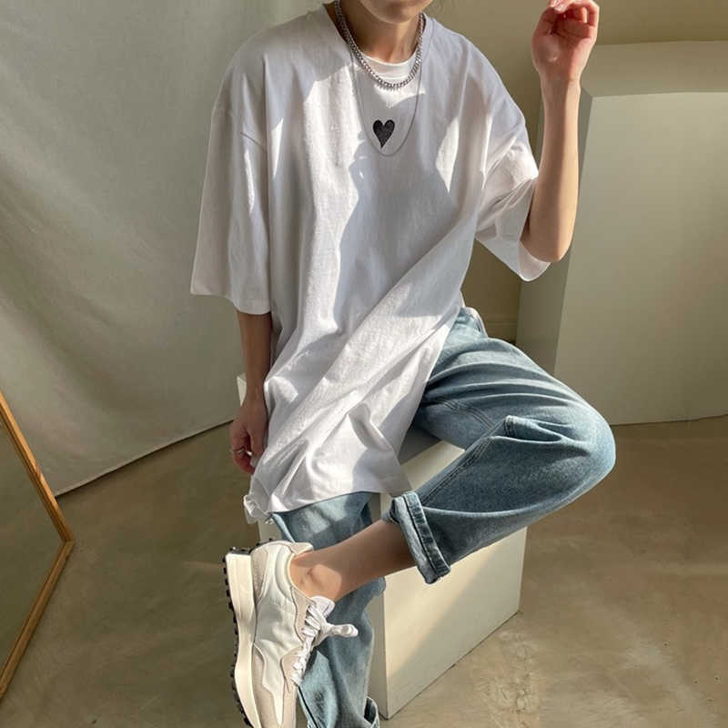 Korejpaa Women T-Shirt Summer Korean Chic All-Match Love Printed Round Neck Loose Mid-Length Short-Sleeved Split Pullover 210526