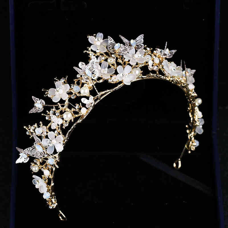 Wedding Hair Jewelry Accessories Butterfly Flower Crystal Crown Headdress Golden Baroque Dress Bridal