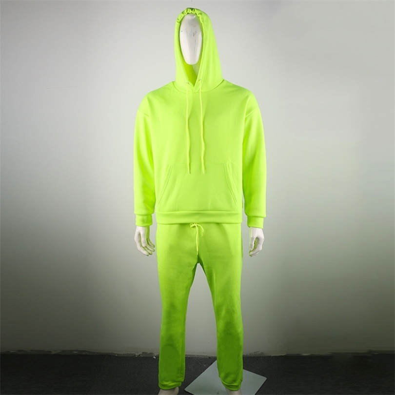 New Tracksuit for Men 2 Sets Fashion Hooded Pants Men's Sportswear Hoodie Spring and Autumn Neon Green Mens Hoodies Sweatpants 201210