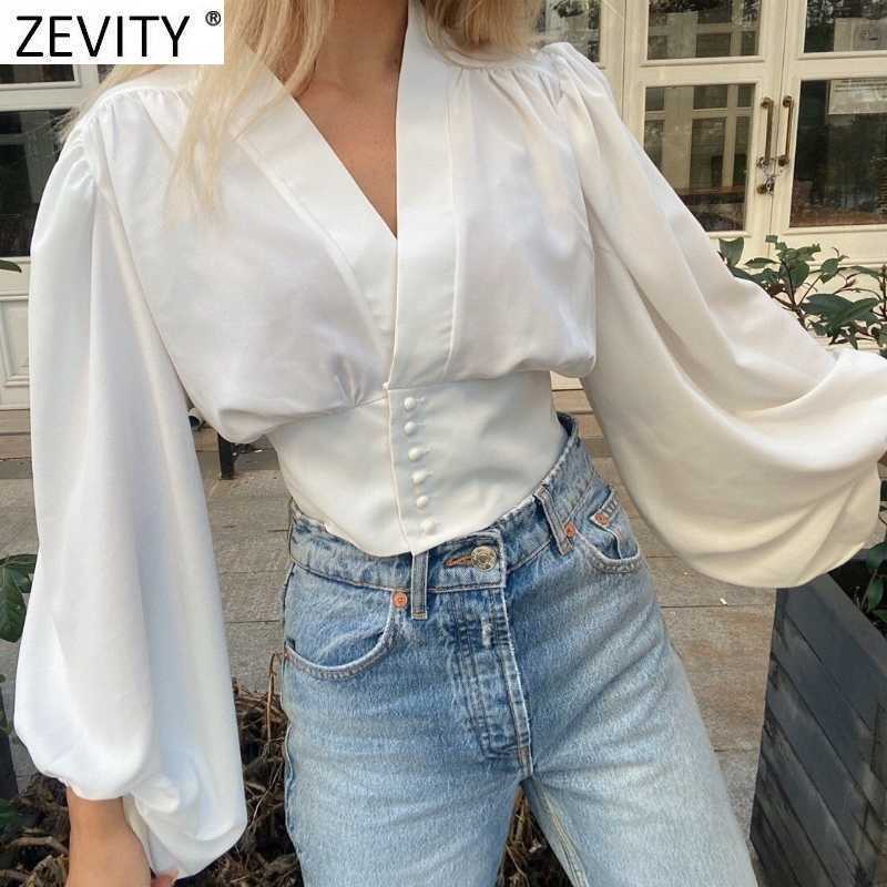 Zevity Women V Neck Black White Color Short Smock Blouse Female Lantern Sleeve Slim Court Shirts Chic Pearl Buttons Tops LS9268 210603