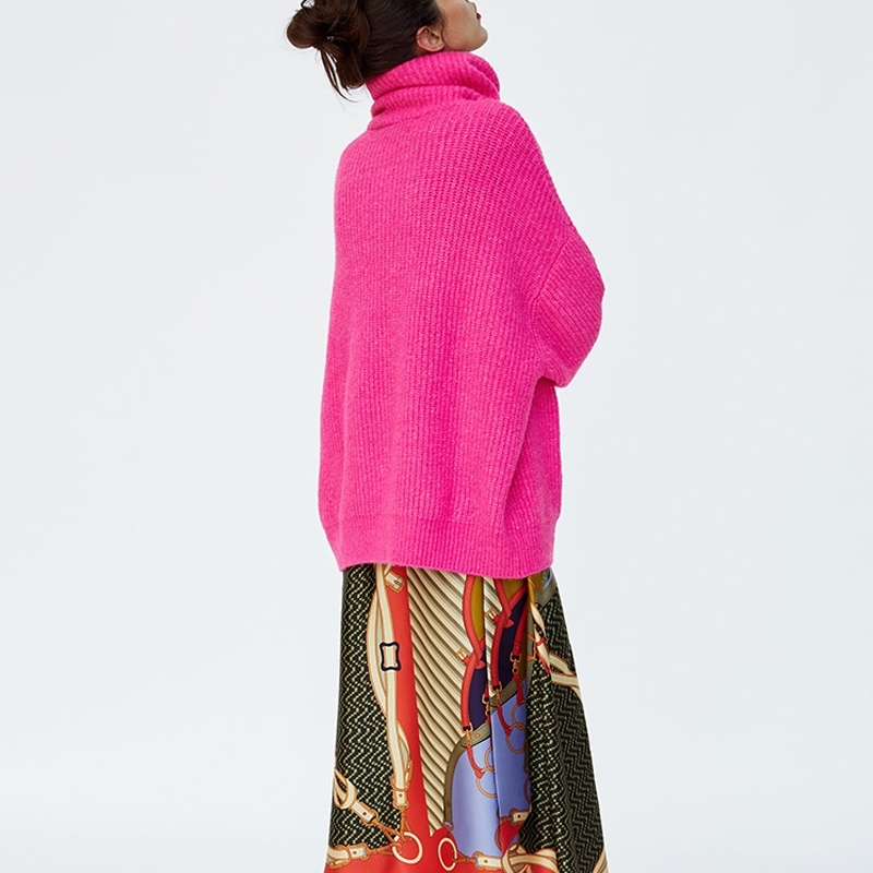 PERHAPS U women neon sweater knitted green pink solid turtleneck pullovers long casual winter loose T200319