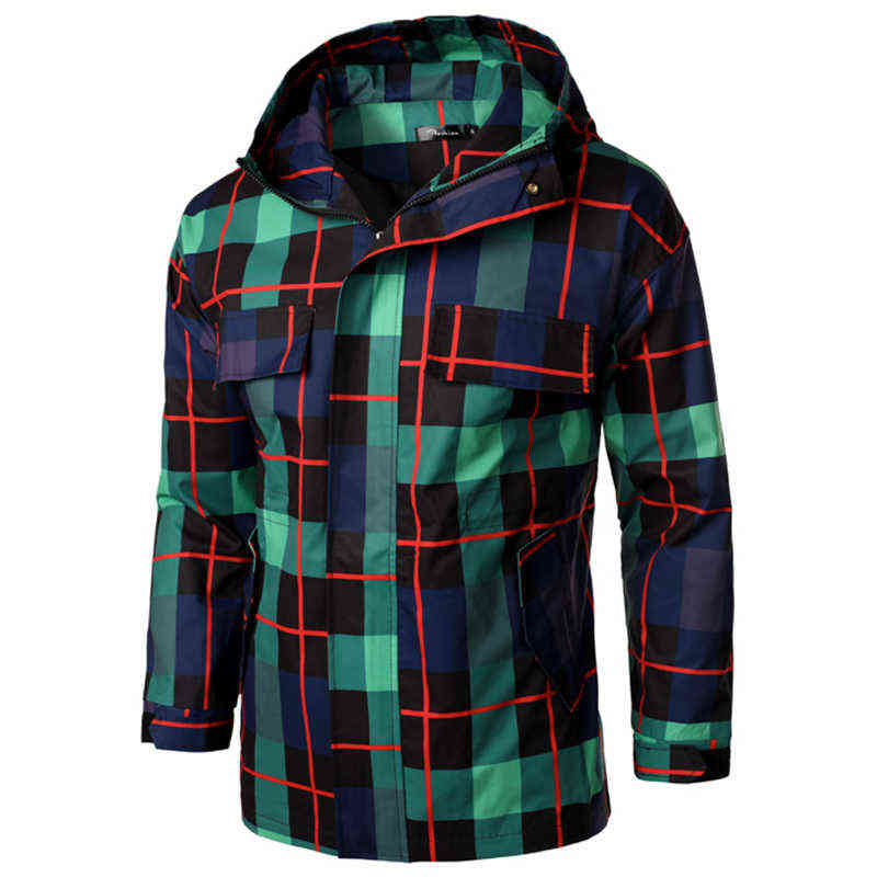 Men Long Trench Coats Autumn Men Hooded Casual Plaid Jackets 2020 Fashion Streetwear Trench coat Windbreaker Outerwear Jacket Y1122