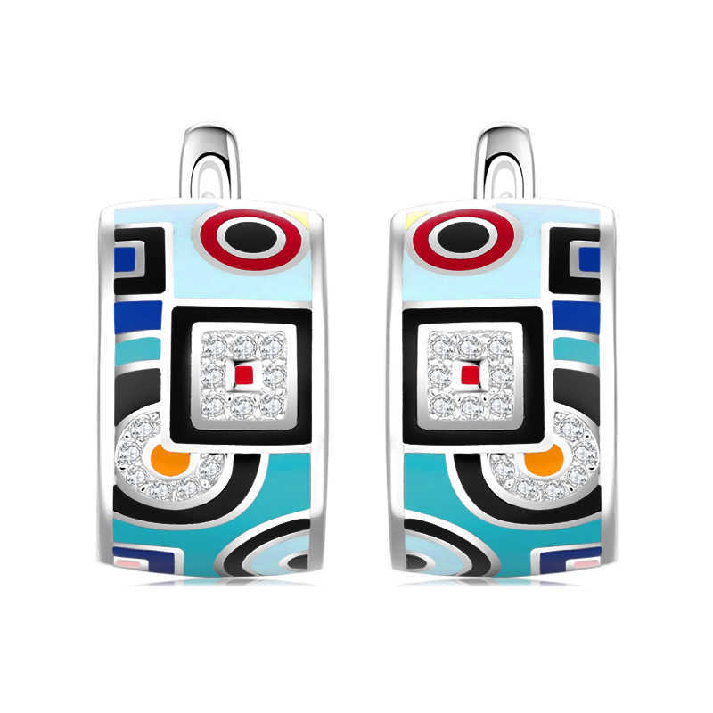 OGULEE Arrival 925 Silver Stud Earrings Round Shape blue-green Enamel Classic pattern CZ For Women Fine Jewelry 210616