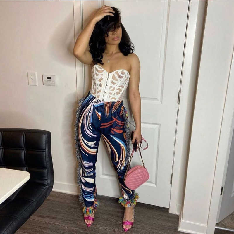 Comic Flower Stripe Statue Printed Street Style Fringed High Waist Straight Leg Casual Jeans Trousers For Female Q0801