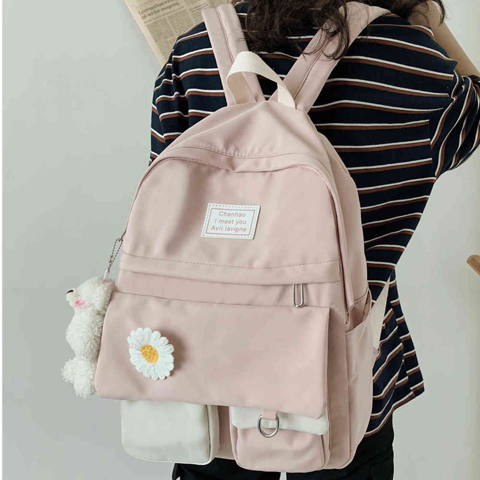 Girl College Student Backpack Cute Flower Nylon Women School Bag Lady Kawaii Backpack Female Fashion Bags Book Trendy Travel New Y1105