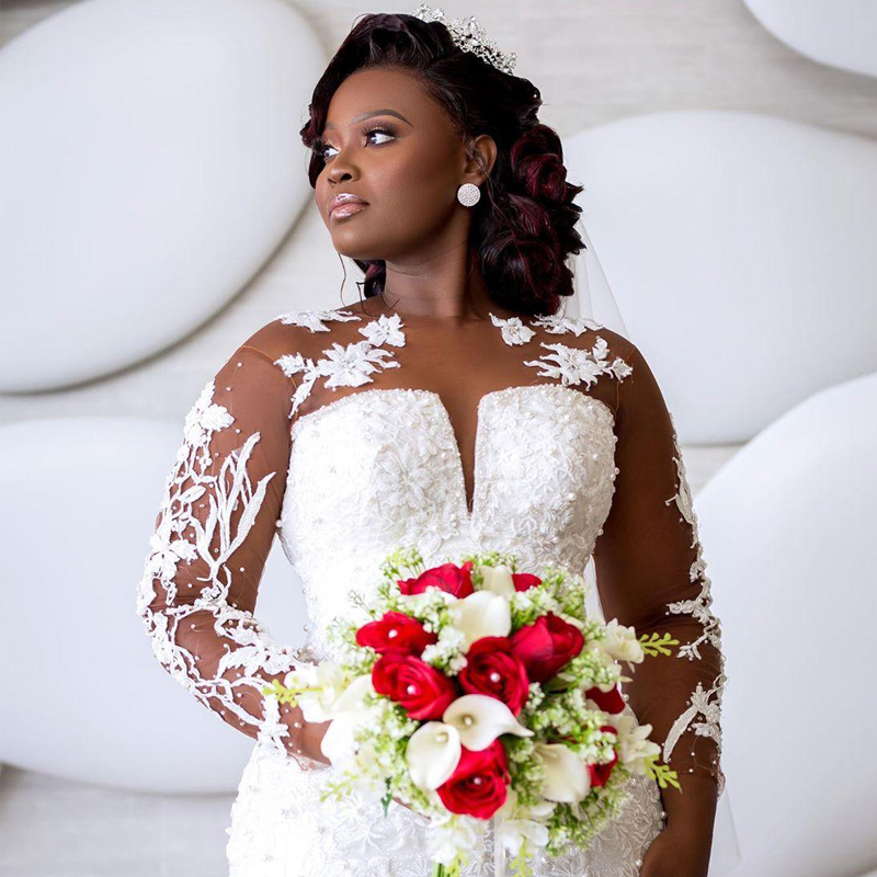2021 Luxury African Mermaid Wedding Dresses Long Sleeve Appliques Lace Pearls Beads Flowers 3D Floral Bridal Gowns v de Novia