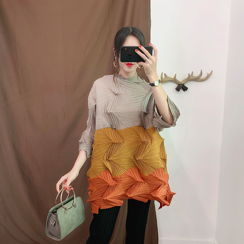 LANMREM Green Contrast Stand Collar Cropped Sleeve Pleated Plus Woman Long T-Shirt Casual Simple Fashion autumn New TV723 210306