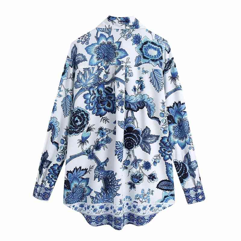 Chinese Style Women Blue And White Printing Shirts Fashion Ladies Turn Down Collar Tops Streetwear Female Chic Blouses 210527