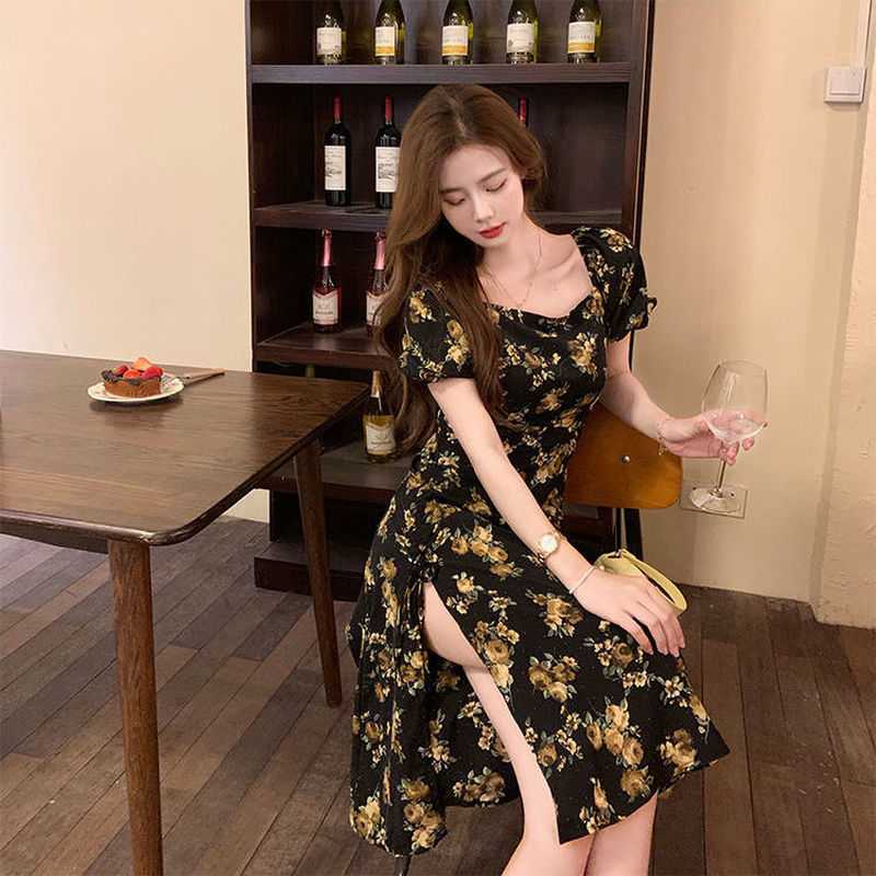 Elegant Floral Dress Women Short Sleeve Midi Vintage Dress Square Collar French Retro Sexy Party Dress Summer Korean Style 210630