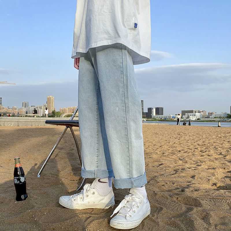 Preppy style jeans men women loose Korean trend multipurpose summer straight pants high street unisex cropped wide-leg trousers 210526