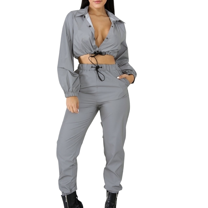 Women 2 Pieces Crop Tops Pants Sets Outfits Autumn Reflective Outfits Ladies Suits Set Classy Streetwear