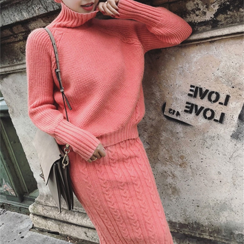 Twist Knitted 2 Piece Set Women Long Sleeve Turtleneck Pullover Sweater Split Pencil Skirt Set Lady Runway Knitting Skirt Suit