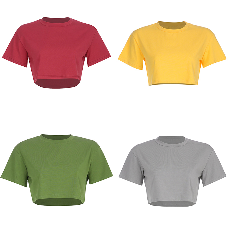 Rapwriter casual Loose 6 Colors Solid Crop Tops Summer T-Shirt Women Heat O-Neck Short Sleeve Stretch Crop Tops feminina 210306
