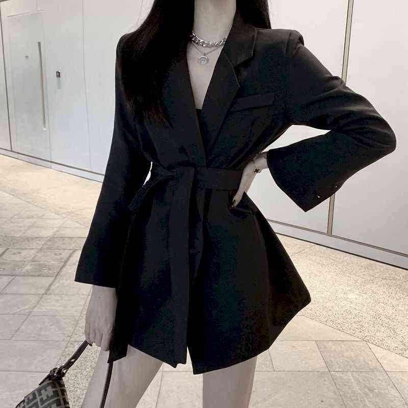 Women's Spring Jackets Elegant White Black Office Wear with Belt Suit Blazer Coat Long Sleeve Ladies Dress for Women 211122