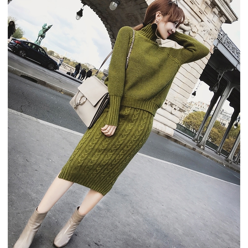 Twist Knitted 2 Piece Set Women Long Sleeve Turtleneck Pullover Sweater Split Pencil Skirt Set Lady Runway Knitting Skirt Suit