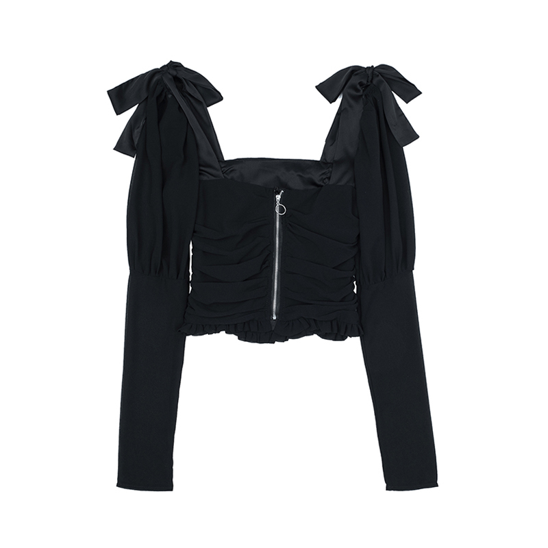 Elegant Square Collar Women Autumn Shirts Solid Color Puff Sleeve Slim Blouses Crop Tops Ladies Sexy V-neck Long Sleeve Shirt 210225