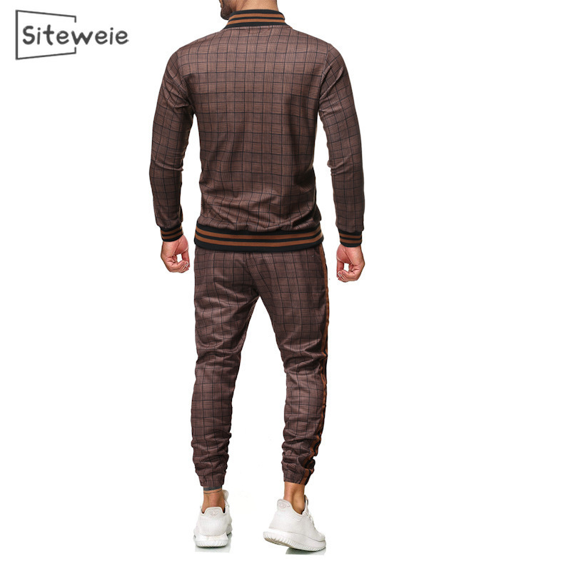 SITEWEIE Tracksuit Men Spring Autumn Sportswear Casual 2 Piece Sets Men Plaid Outdoor Sport Clothing Men's Jacket Pants Set L416 201210