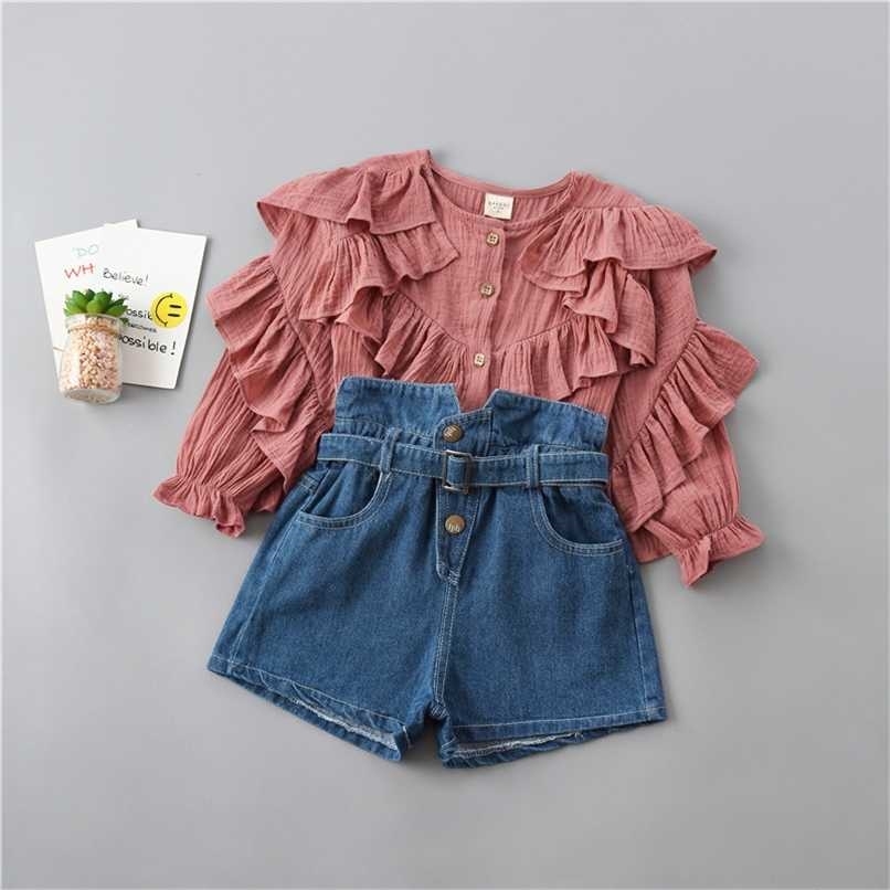 2-7 years high quality girl clothing set Spring fashion tiered ruched solid shirt + denim pant kid children clothing 211021