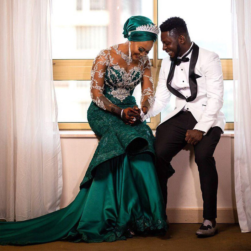 Arabic Kaftan 2021 Hunter Green Mermaid Evening Dresses With Sheer Long Sleeves Applique Lace African Formal Occasion Party Gowns Prom Dress