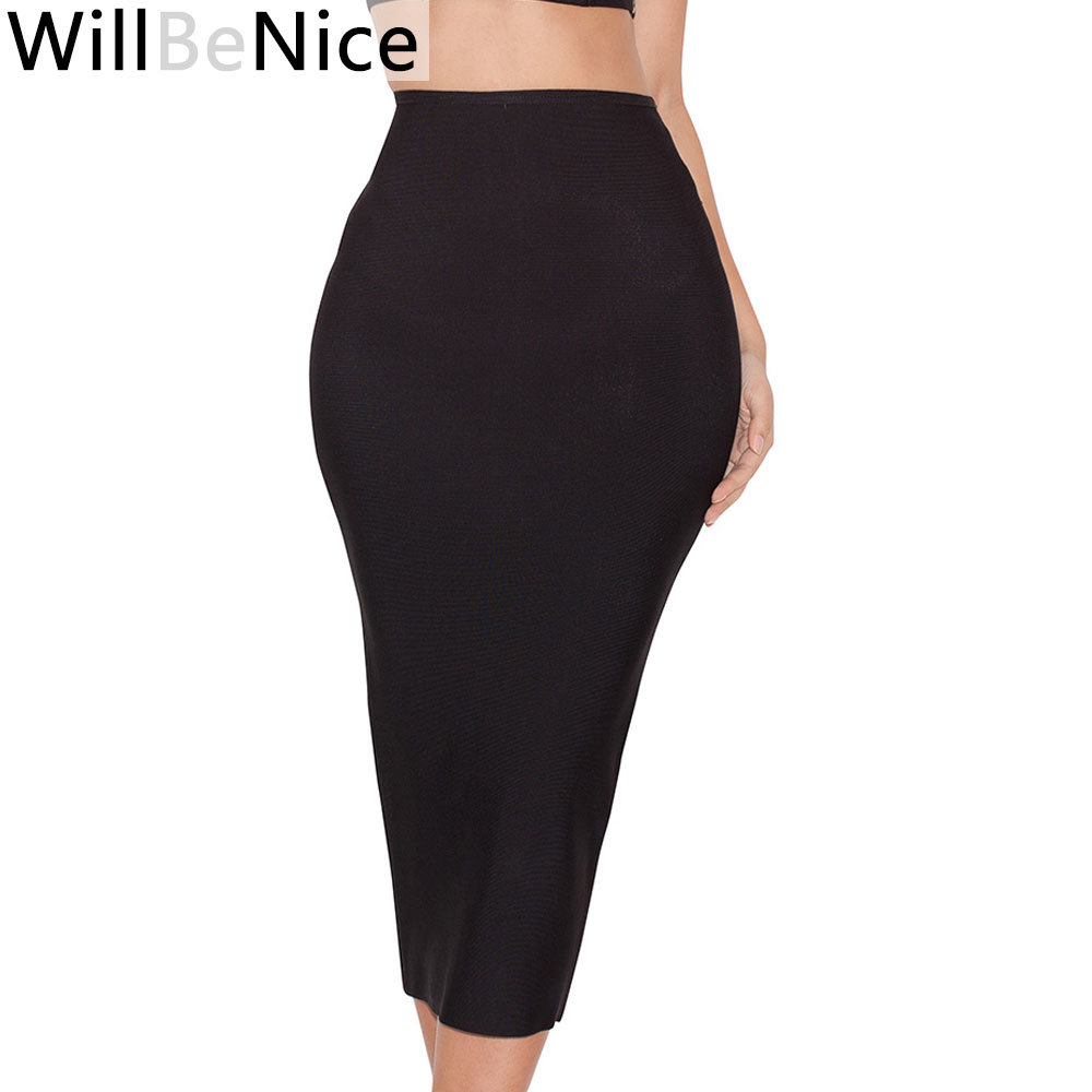 WillBeNice Black Wholesale High Waist Back Split Sexy Women Mid Calf Pencil Pink Bandage Skirt Bodycon Sexy Skirts Bandage 210306