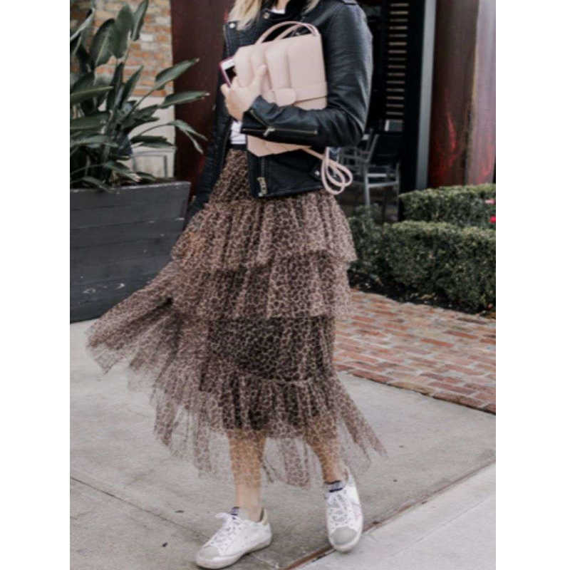 Flectit Leopard Tulle Skirt Women Autumn Winter Asymmetrical Layered Ruffle Mesh Midi Vintage Style * 210621