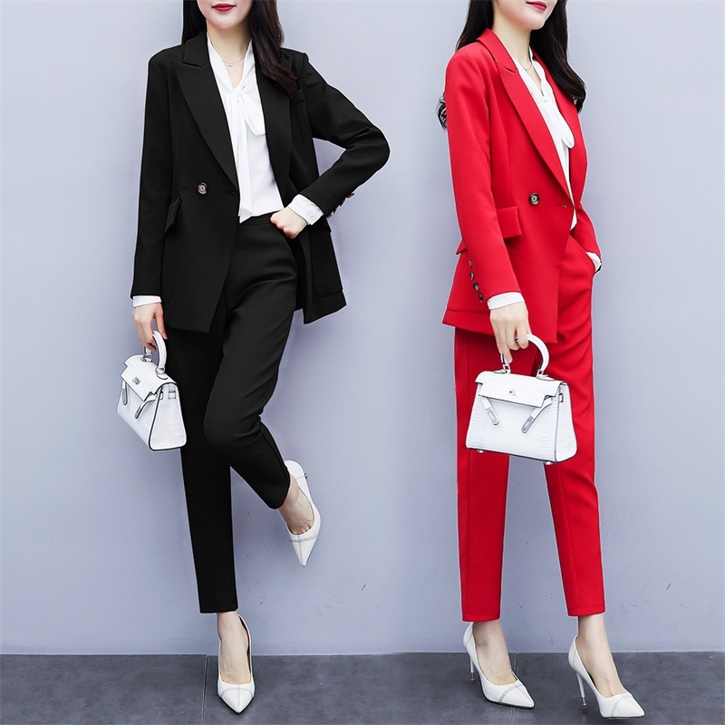 Casual high quality women's suits pants suit Autumn new slim red ladies red jacket small suit Female large size slim trousers T200817