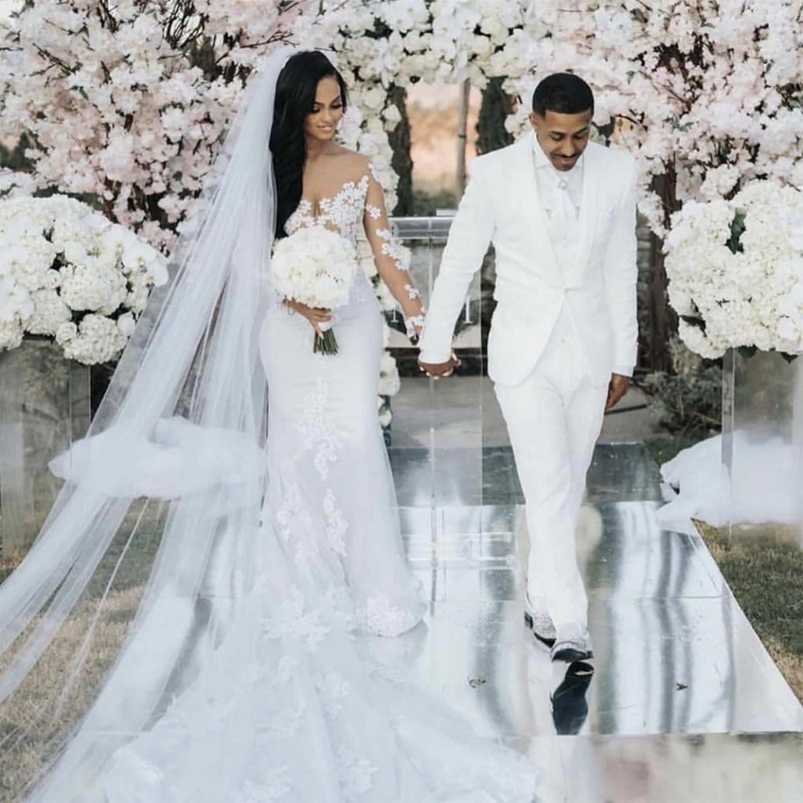 Sexy Sheer Backless Mermaid Wedding Dresses Bridal Gowns Lace Long Sleeves Appliqued White Boho Country Bride Dress Sweep Train 2021 robe de mariée Fr