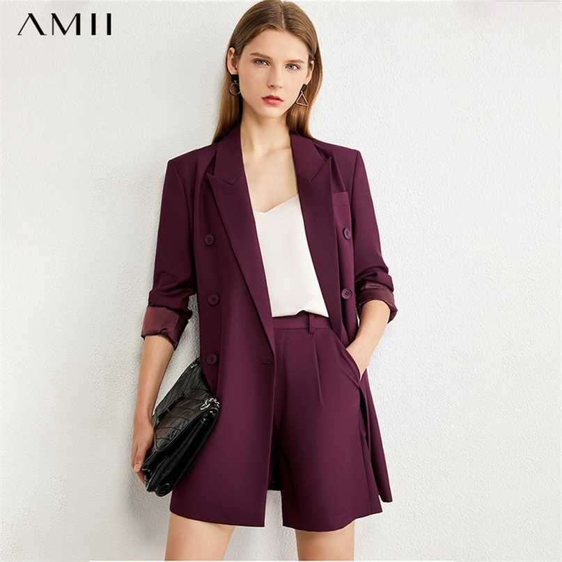 AMII Minimalism Autumn Causal Women Set Solid Lapel Double Breasted Office Coat High Waist Loose Shorts Female Suit 12060012 211105