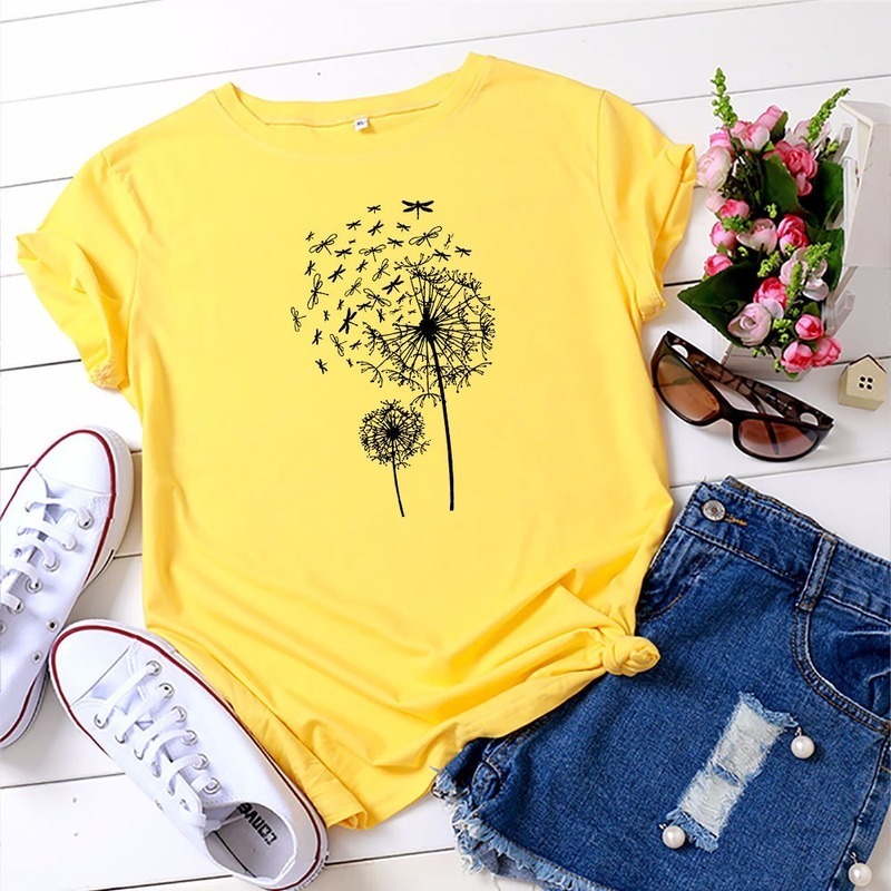 JCGO Summer Women T shirt Cotton Plus Size 5XL Short Sleeve Dragonfly Dandelion Print Female Loose Casual Large t-shirt Top Tees 210302