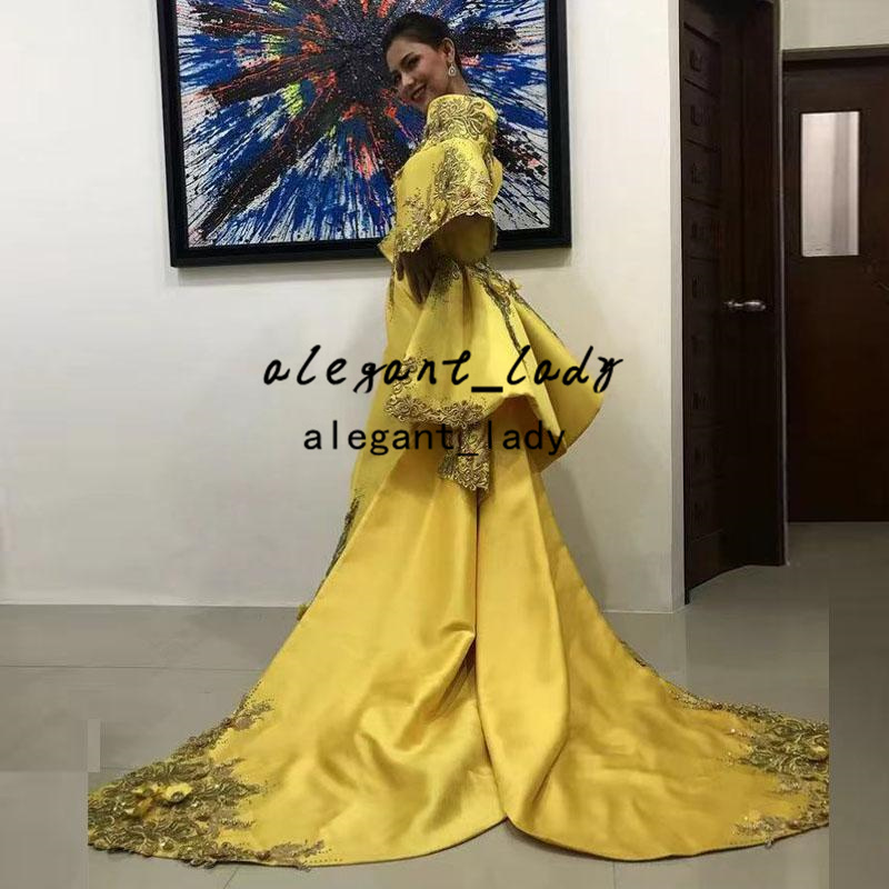 Aso Ebie Arabic Mermaid Prom Dresses 2022 Yellow Stain 3D Floral Applique Sheer O-neck Caftan Dubai luxe Evening Dress Wear