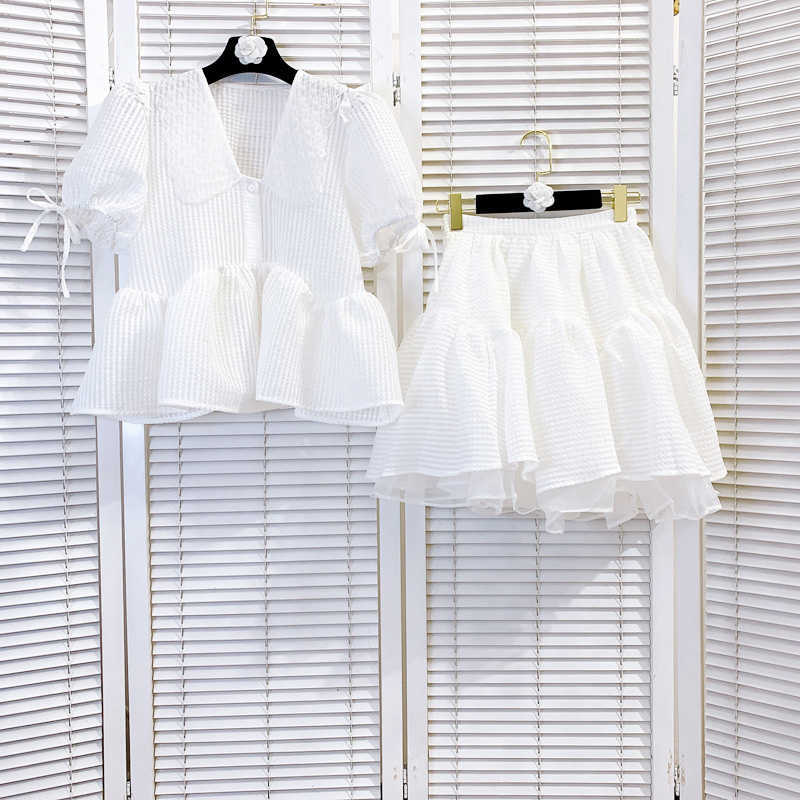 DEAT Women Lapel Puff Sleeve Shirt Ruffles Skirt Short Two Piece Set Fashion Temperament Spring Summer 11D1626 210709