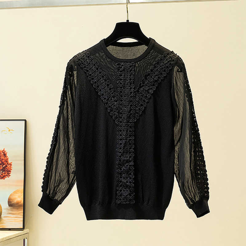 Women Lace Shirt Knitwear Casual Knitted Blouse Spring Autumn Fashion Loose Lantern Long Sleeve Ladies Tops Blusas 11729 210528wtt