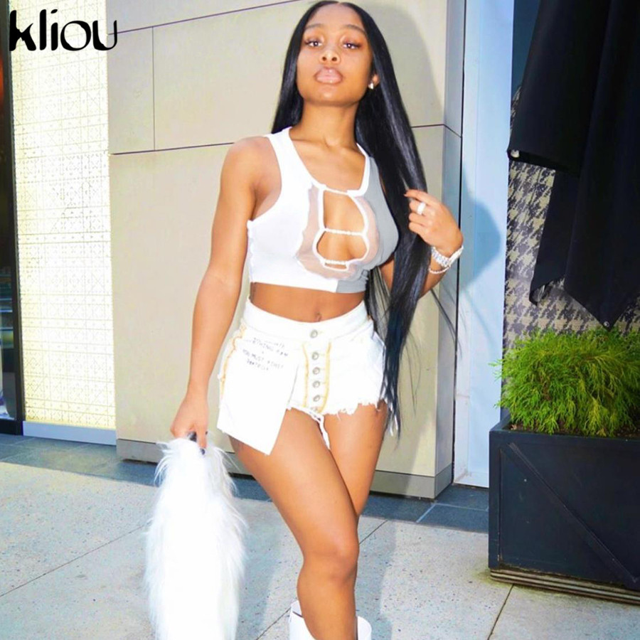 Kliou Sexy Hollow Out Patchwork Chain-Pinned Front Crop Top Women Tanks Sleeveless Ribbed Stretchy Hot Clubwear Party Streetwear 210308