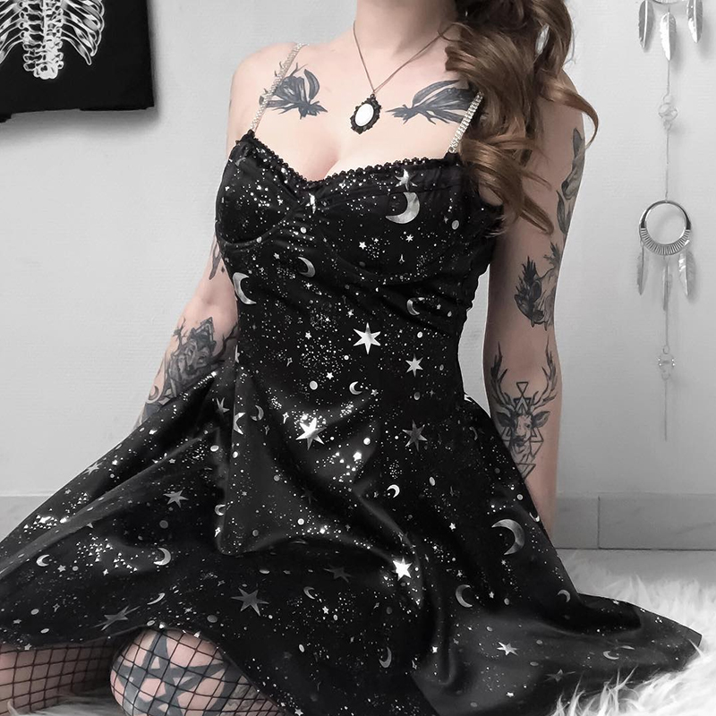 Sexy Spaghetti Straps Mini A-line Dress Women Gothic Stars moon Print Black Laxury Dress Female Vintage Party Dress, Black;gray
Sexy Spaghetti Straps Mini A-line Dress Women Gothic Stars moon Print Black Laxury Dress Female Vintage Party Dress, Black;gray