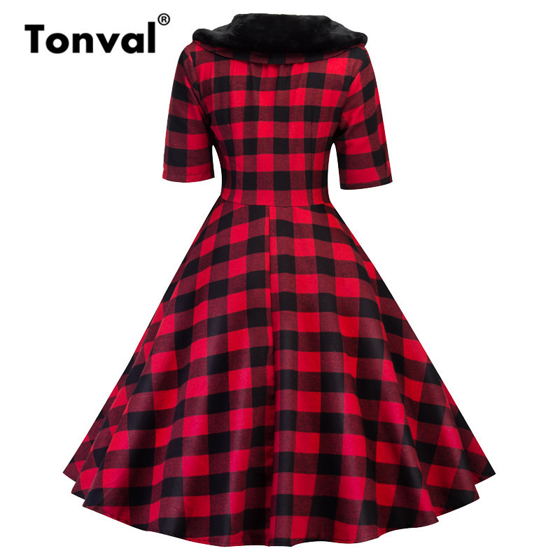 Tonval Fur Collar Winter Green Gingham Vintage Dress Women Button Up Half Sleeve Autumn Elegant Plaid Retro A Line Dresses 201008