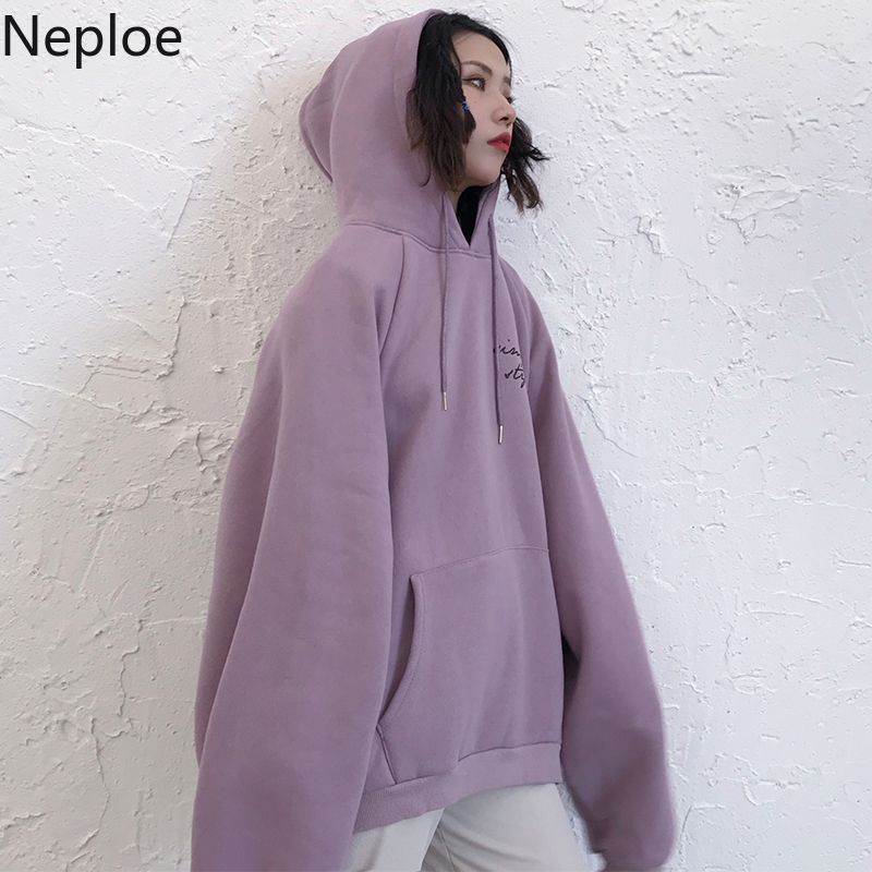 Neploe Hoodies Women Thicker Womens Trendy Sweatshirts Plus Velvet Warm Soft Letter Printed Simple Pockets Leisure Pullovers 201112