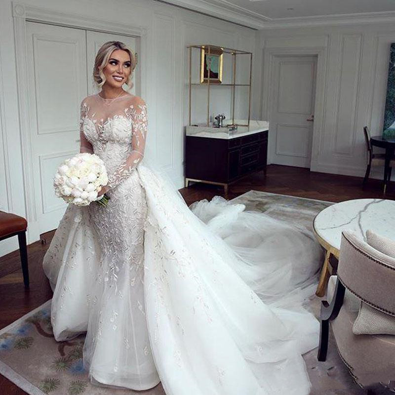 Bohemian Mermaid Wedding Dresses with Detachable Train Lace Floral Illusion Long Sleeve Country Bridal Dress Robe Robe De Mariee