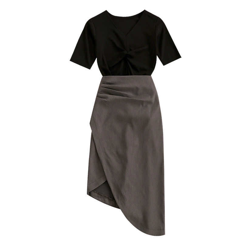 DEAT Women V-neck Short Sleeve Pleated Asymmetrical Skirt Short Two Piece Set Fashion Temperament Spring Summer 11D775 210709