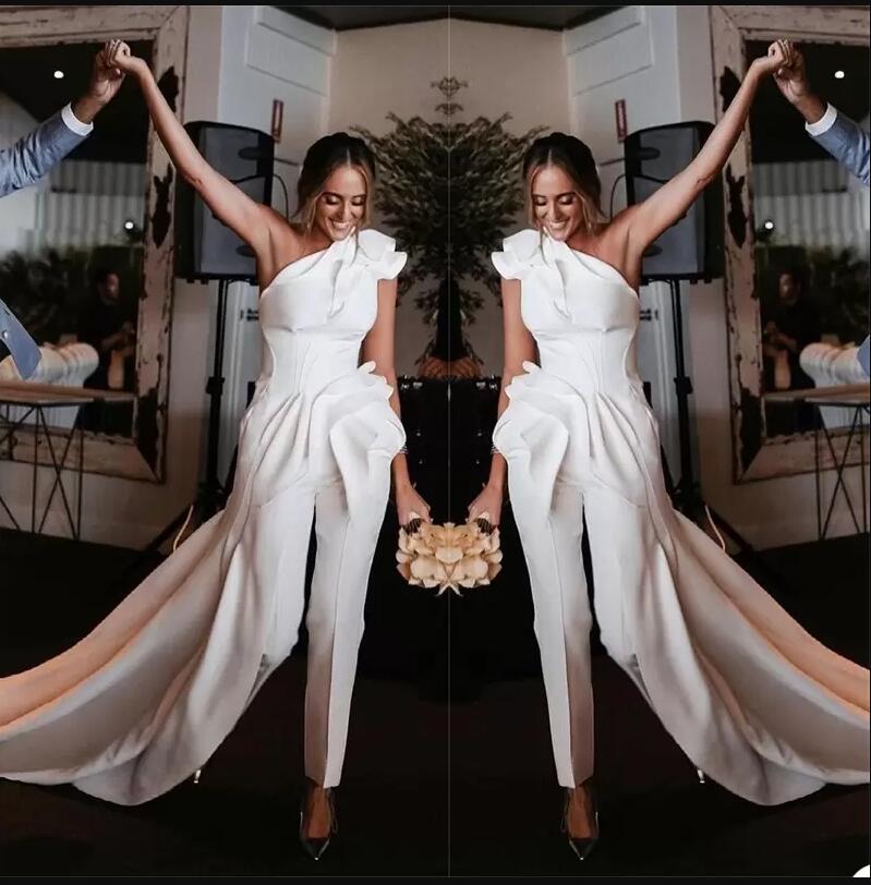 Jumpsuit Ful White Evening Dresses With Train One Shoulder Long Sleeves Ruffles Pleats Or Length Prom Dress Special Ocn Gown Robe De Marie Custom Made
