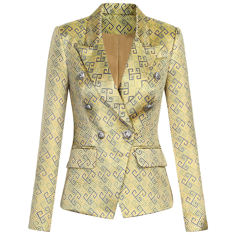 European and American spring high quality retro snake print ladies double-breasted lion button suit, Yellow
European and American spring high quality retro snake print ladies double-breasted lion button suit, Yellow